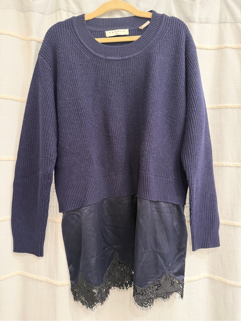 Sandro Navy Mixed-Knit Crewneck Sweater with Lace Hem
